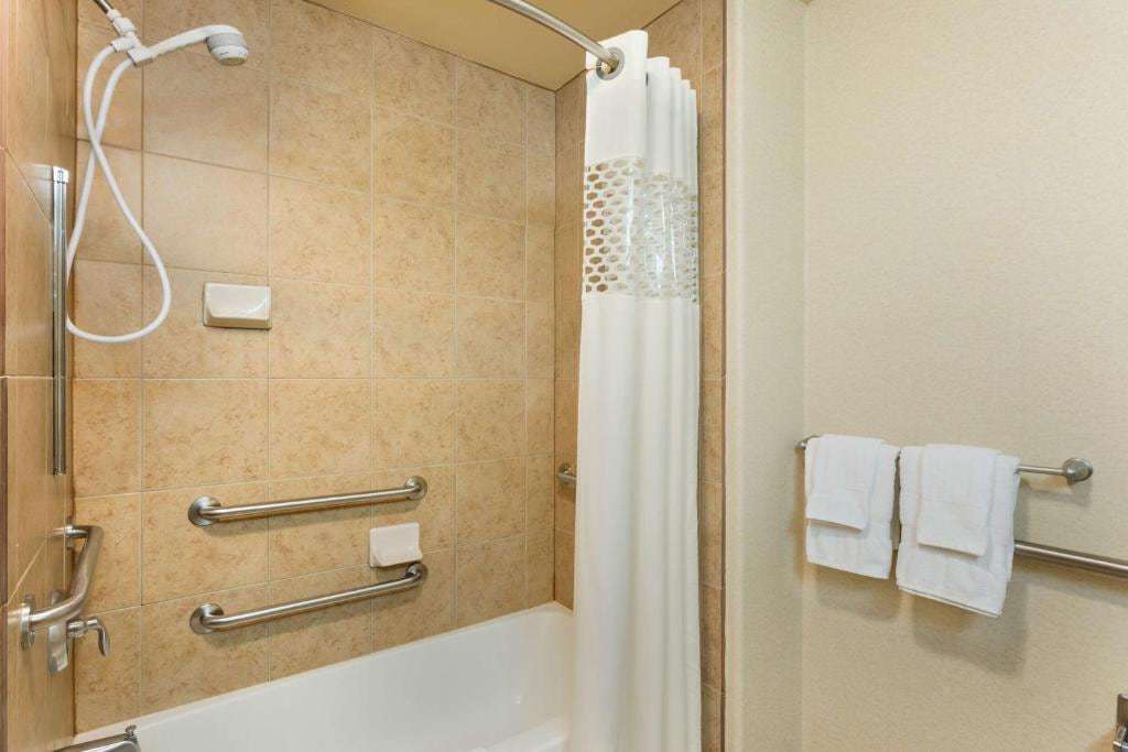 Accessible bathtub with grab bars and a handheld shower on a slide bar