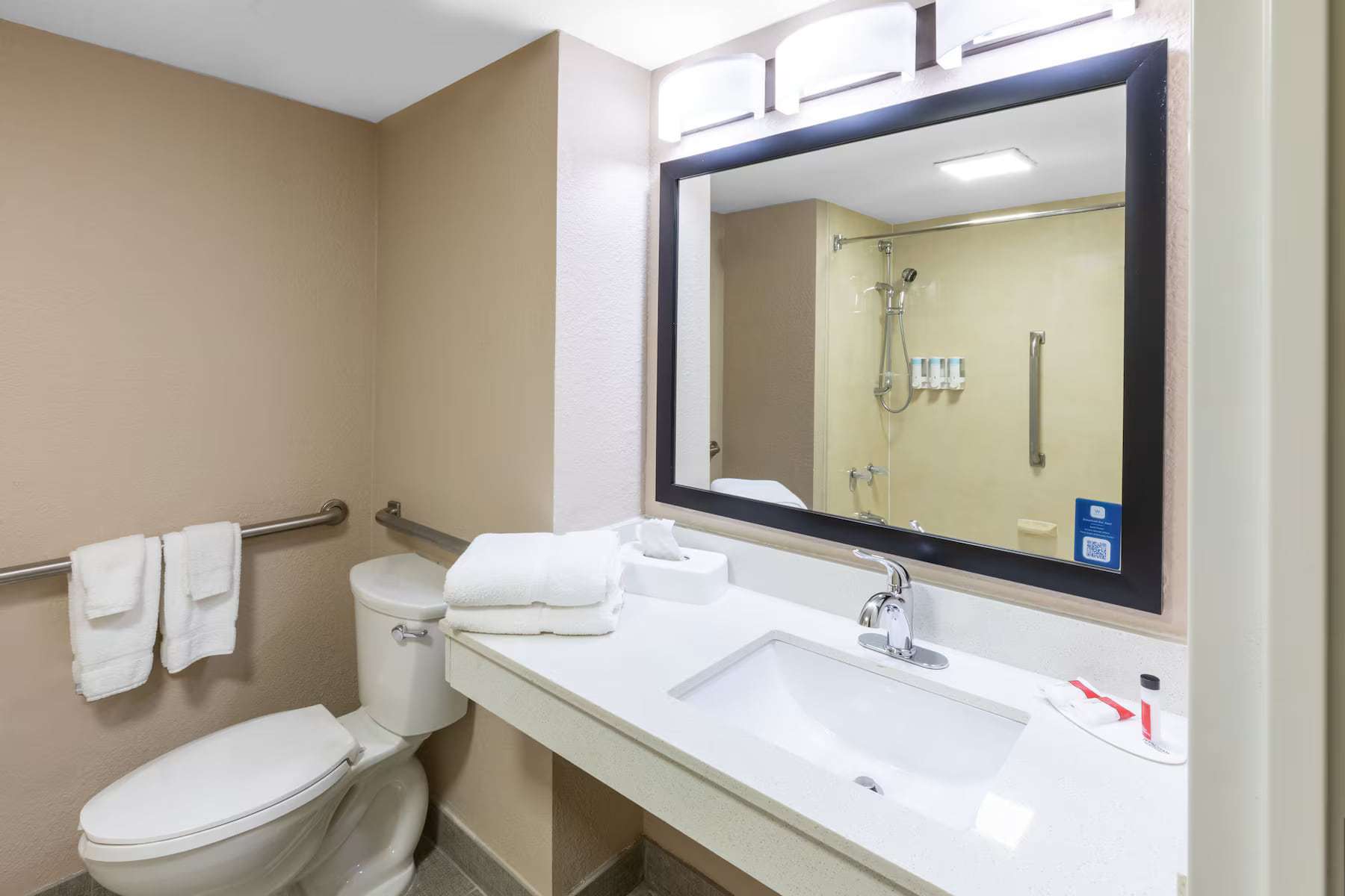 Accessible bathroom with grab bars by the toilet and a roll-under sink