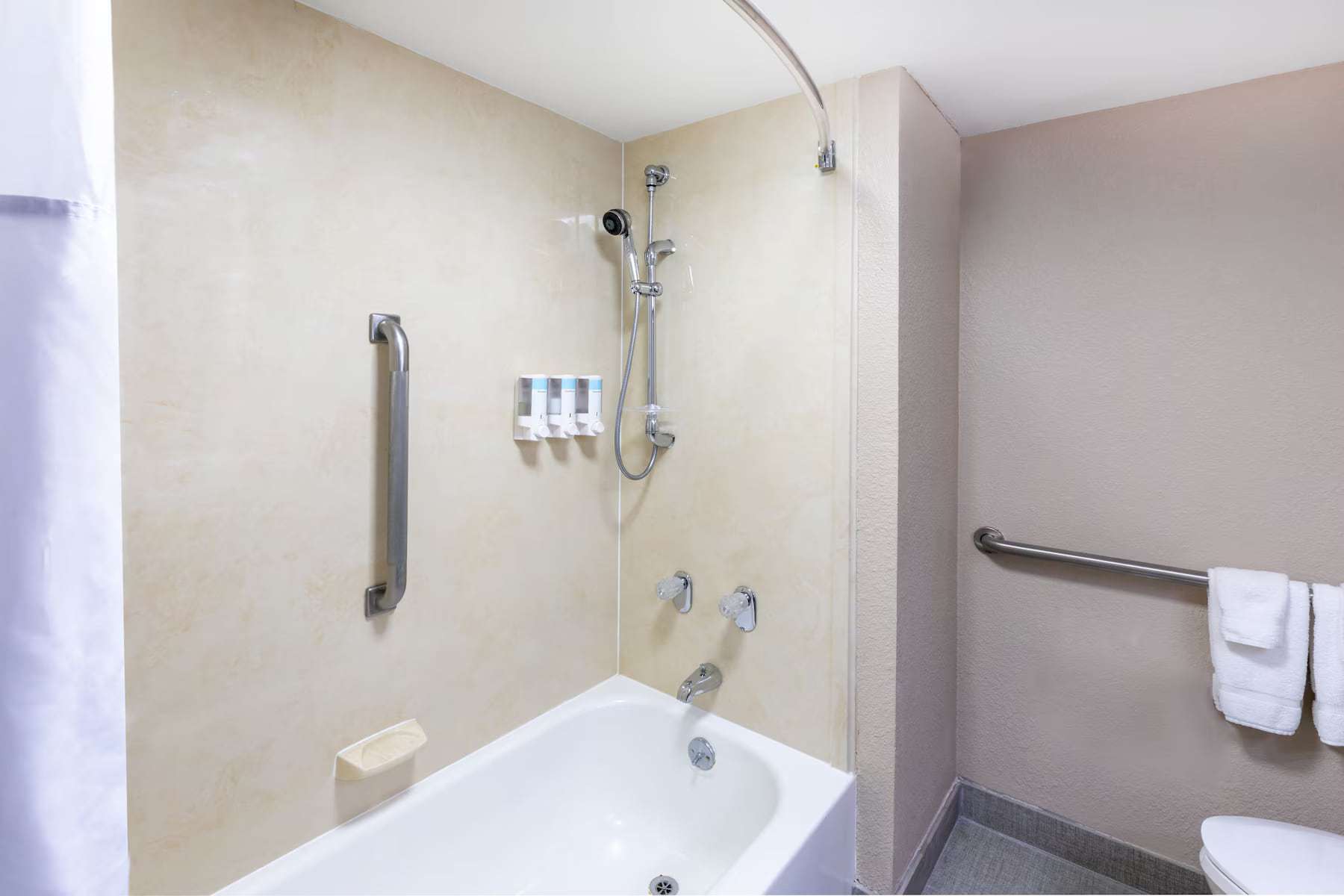Accessible bathtub with grab bars and handheld shower