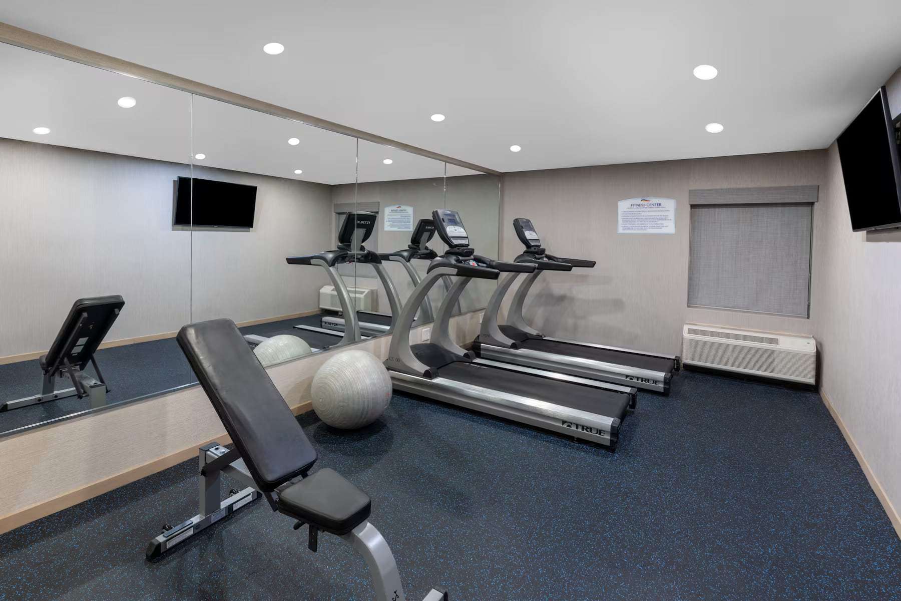 Fitness room with treadmills, adjustable bench and exercise balls