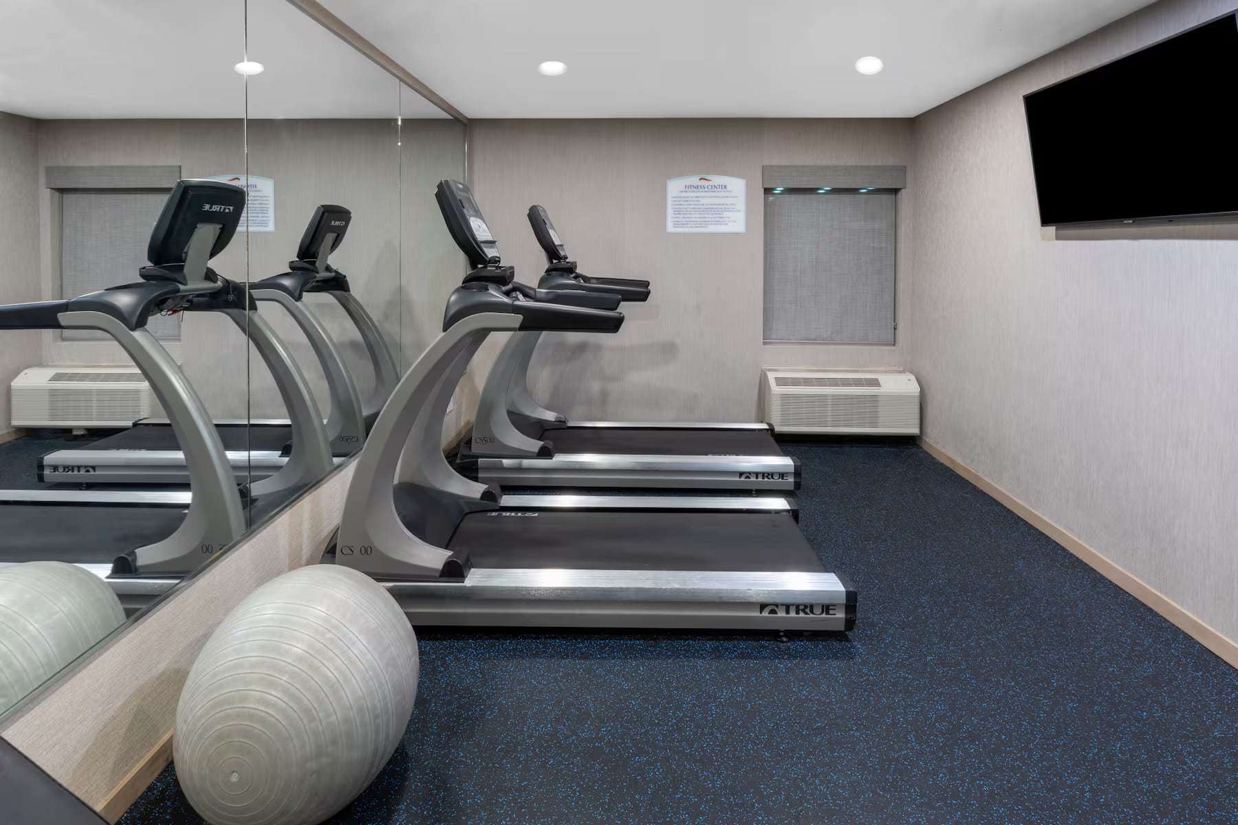 Fitness room with treadmills, mirrored wall and wall-mounted TV