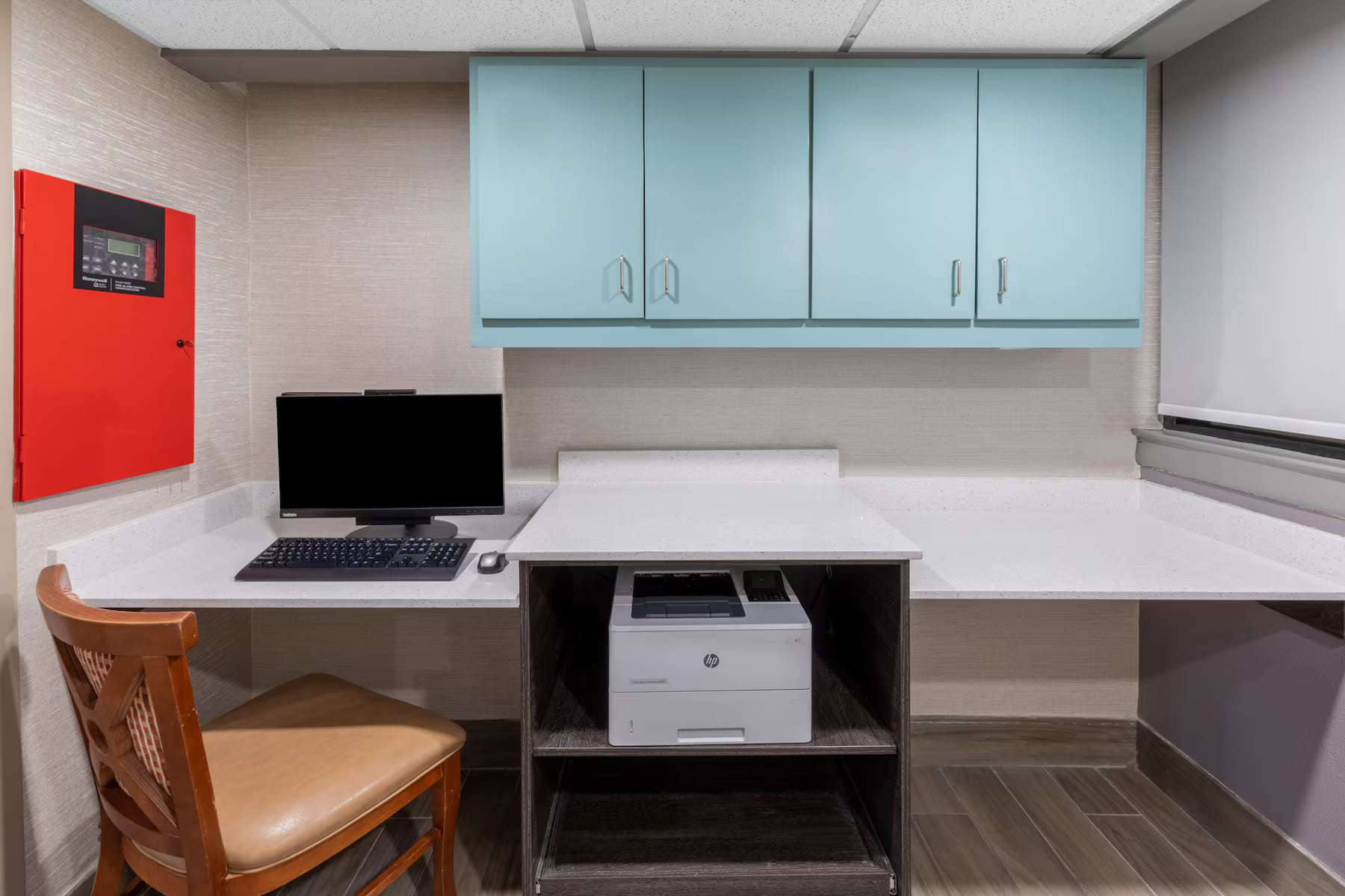 Business center workstation with computer, printer and storage cabinets