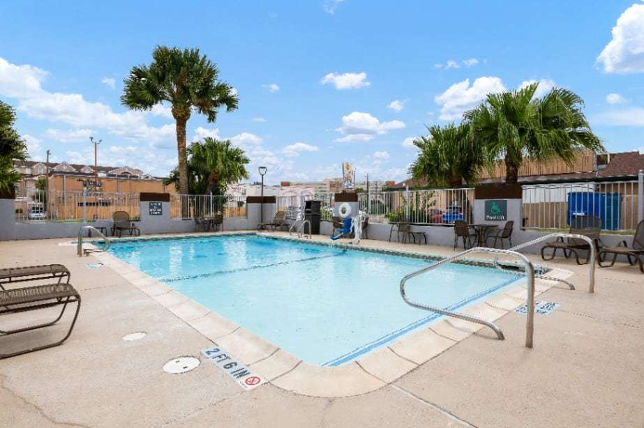 Outdoor pool with lounge chairs and tall palm trees