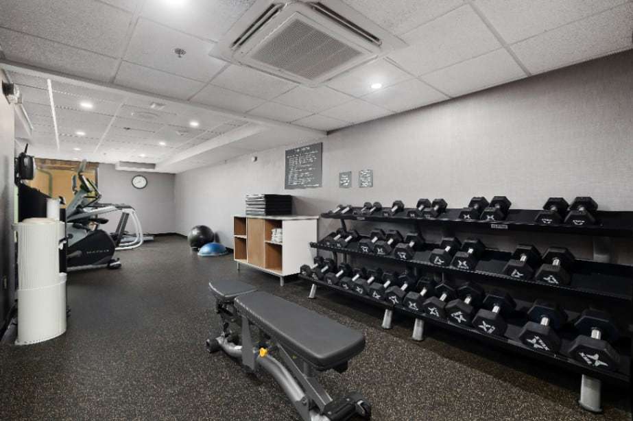 Fitness room with dumbbell rack, weight bench and cardio machines