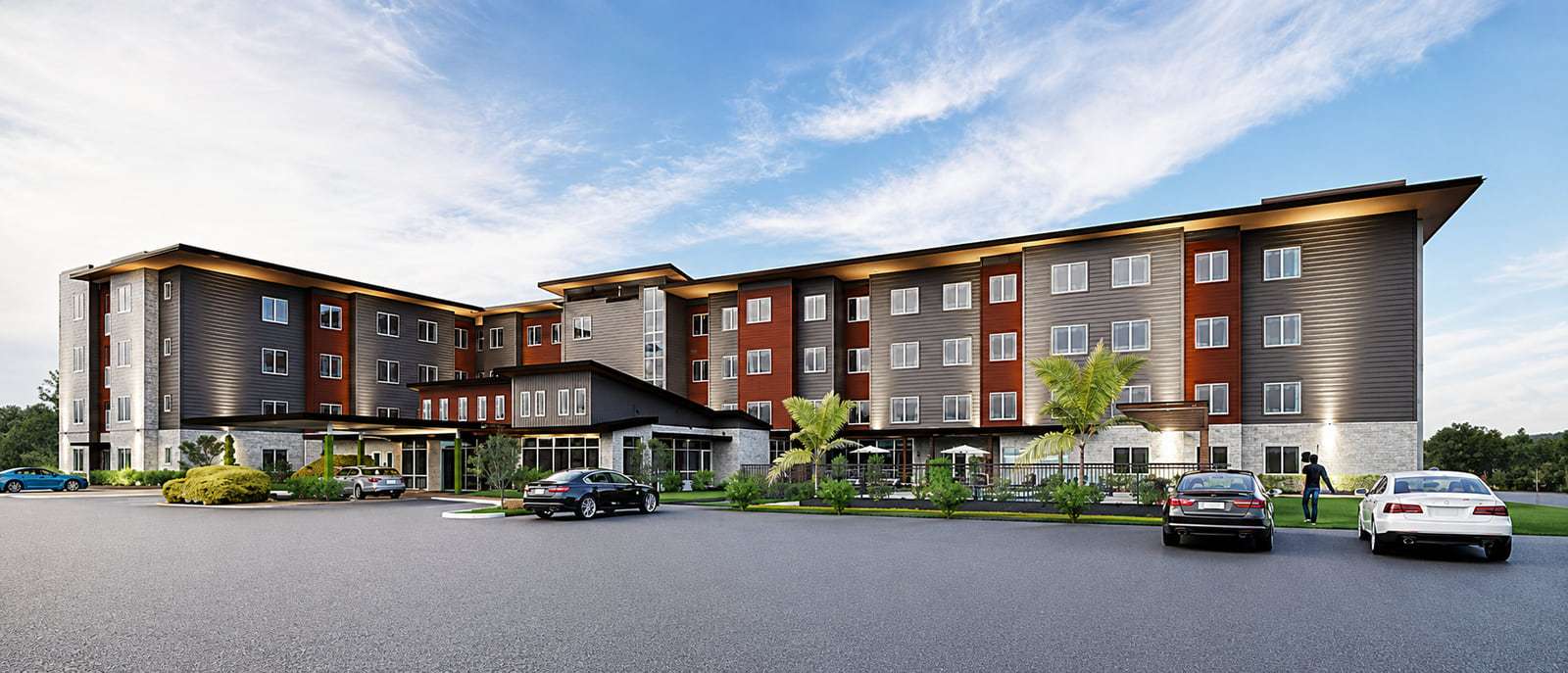 Rendering of the Residence Inn by Marriott planned for Mission, Texas, with a covered drop-off and a palm-lined patio